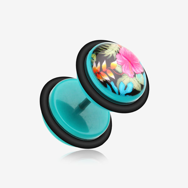 A Pair of Hawaiian Luau Flower Acrylic Fake Plug with O-Rings-Teal