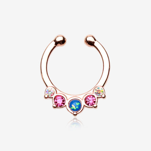 Rose Gold Opal Precia Fake Septum Clip-On Ring-Fuchsia/Aurora Borealis