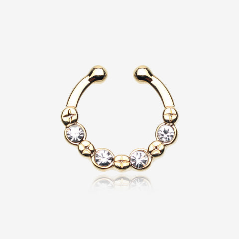 Golden Elan Multi-Gem Fake Septum Clip-On Ring-Clear Gem