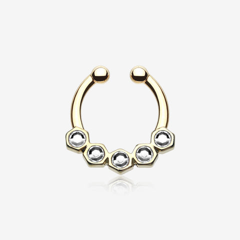 Golden Hexa Gemina Sparkle Fake Septum Clip-On Ring-Clear Gem