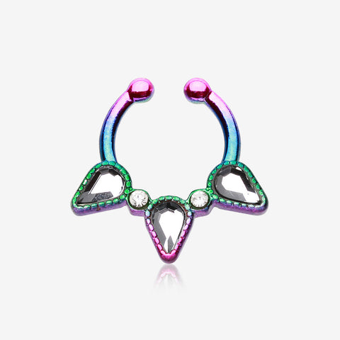 Colorline Sparkle Trident Fake Septum Clip-On Ring-Rainbow/Clear