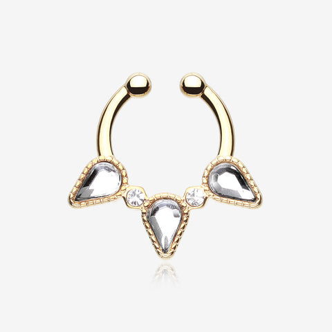 Golden Sparkle Trident Fake Septum Clip-On Ring-Clear Gem