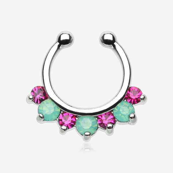 Opalite Sparkle Deuce Fake Septum Clip-On Ring-Green/Fuchsia