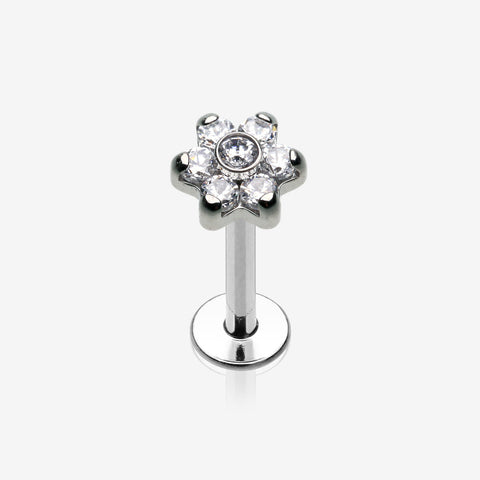 Brilliant Sparkle Flower Top Internally Threaded Labret-Clear Gem