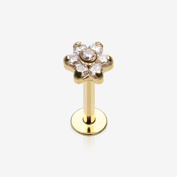 Golden Brilliant Sparkle Flower Top Internally Threaded Labret-Clear Gem