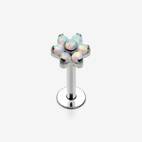 Brilliant Fire Opal Sparkle Flower Top Internally Threaded Labret-White Opal