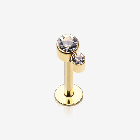 Golden Double Gem Sparkle Droplets Internally Threaded Steel Labret-Clear Gem