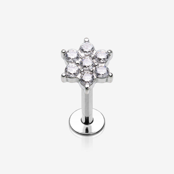 Brilliant Sparkle Spring Flower Top Internally Threaded Steel Labret-Clear Gem