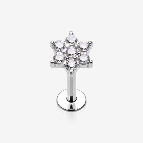 Brilliant Sparkle Spring Flower Top Internally Threaded Steel Labret-Clear Gem