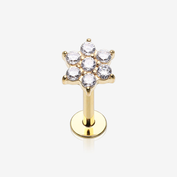 Golden Brilliant Sparkle Spring Flower Top Internally Threaded Steel Labret-Clear Gem