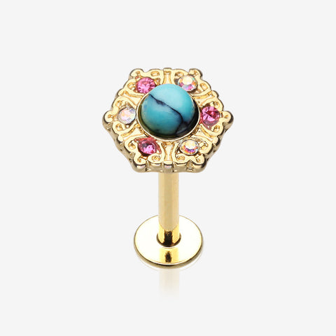 Golden Ornate Mandala Sparkle Turquoise Labret-Aurora Borealis/Pink/Turquoise