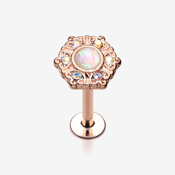 Rose Gold Ornate Mandala Sparkle Opal Labret-Aurora Borealis/White