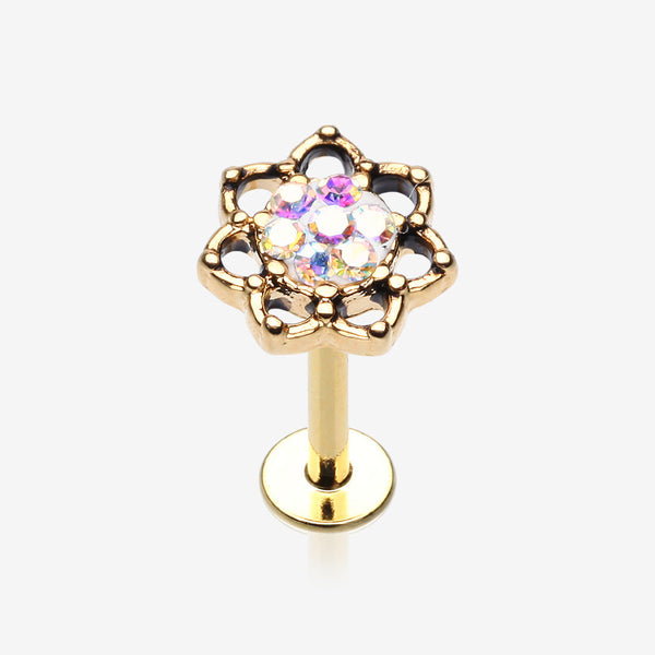 Golden Lotus Flower Sprinkle Sparkle Filigree Steel Labret-Aurora Borealis