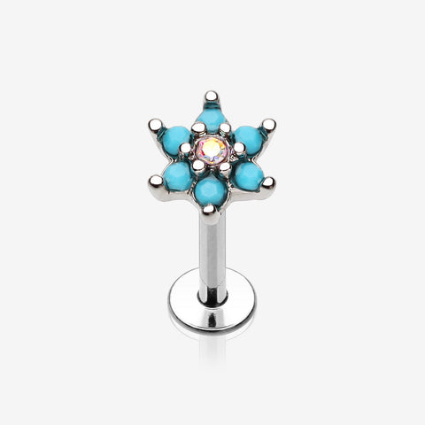 Turquoise Spring Flower Sparkle Top Steel Labret-Turquoise/Aurora Borealis