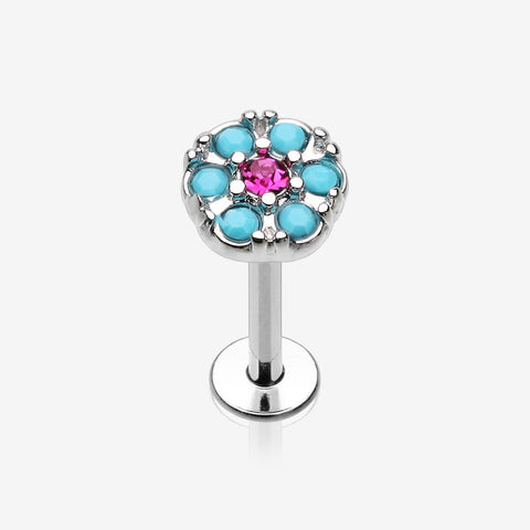 Turquoise Boho Circle Sparkle Top Steel Labret-Turquoise/Fuchsia