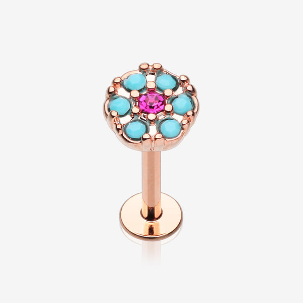 Rose Gold Turquoise Boho Circle Sparkle Top Steel Labret-Turquoise/Fuchsia