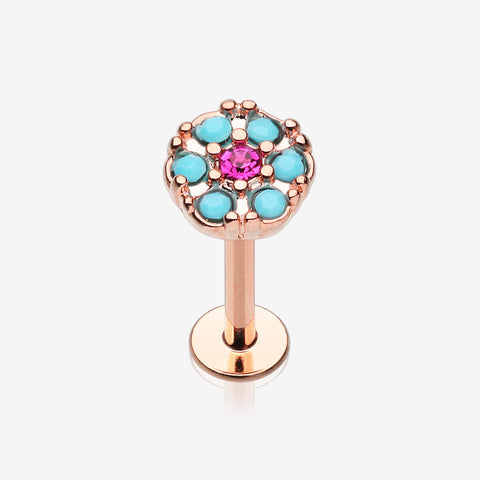 Rose Gold Turquoise Boho Circle Sparkle Top Steel Labret-Turquoise/Fuchsia