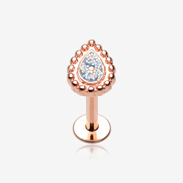 Rose Gold Mandala Ornate Sparkle Teardrop Steel Labret-Teal