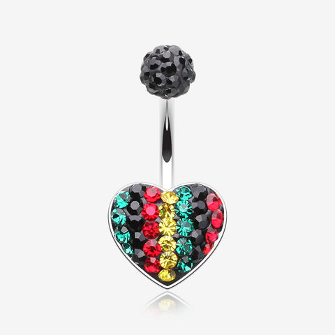 Rasta Jamaican Multi-Gem Sparkle Heart Belly Button Ring-Rainbow/Multi-Color