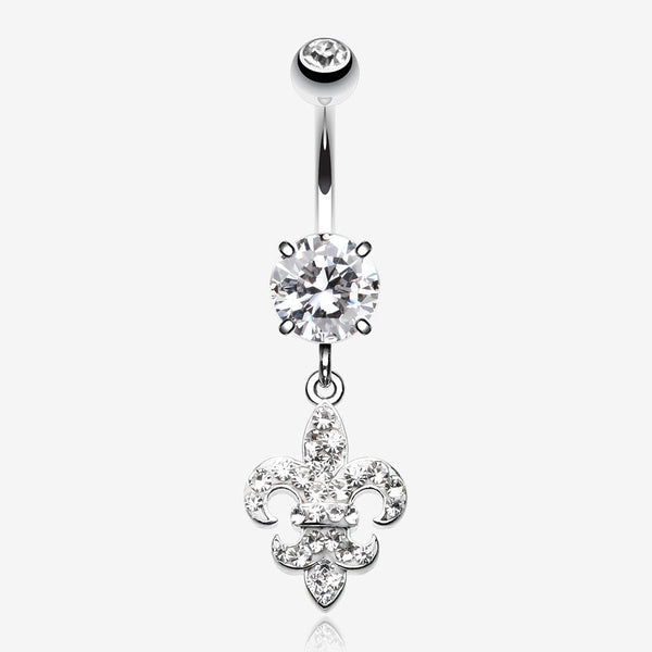 Royal Fleur De Lis Multi-Gem Sparkle Dangle Belly Button Ring-Clear Gem