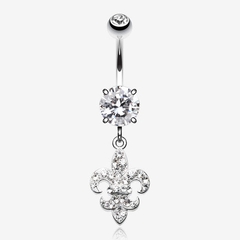 Royal Fleur De Lis Multi-Gem Sparkle Dangle Belly Button Ring-Clear Gem