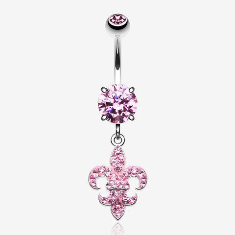 Royal Fleur De Lis Multi-Gem Sparkle Dangle Belly Button Ring-Light Pink