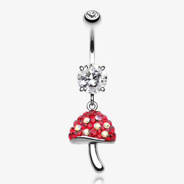 Exotic Mushroom Multi-Gem Sparkle Dangle Belly Button Ring-Clear Gem/Red