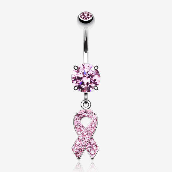 Pink Awareness Ribbon Multi-Gem Sparkle Dangle Belly Button Ring-Light Pink