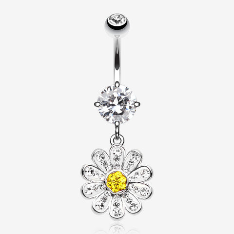 Cutesy Daisy Multi-Gem Sparkle Belly Button Ring-Clear Gem/Yellow