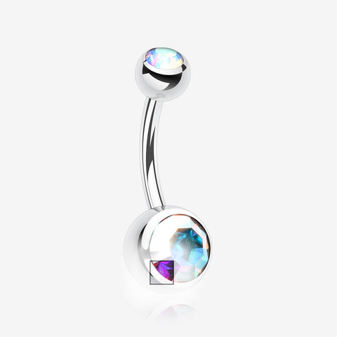 Double Gem Ball Steel Belly Button Ring-Aurora Borealis