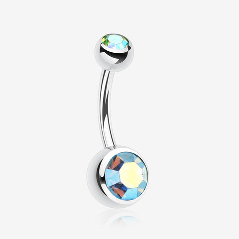 Double Gem Ball Steel Belly Button Ring-Aqua/Aurora Borealis