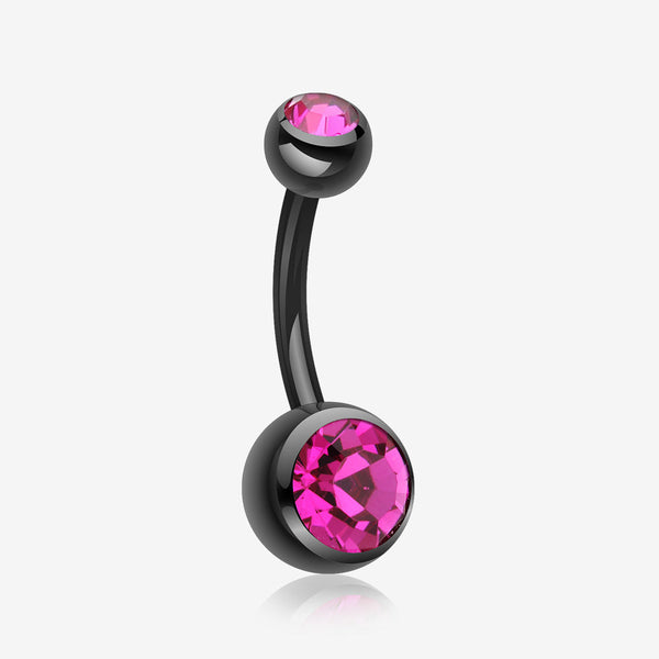 Colorline Double Gem Ball Steel Belly Button Ring-Black/Fuchsia