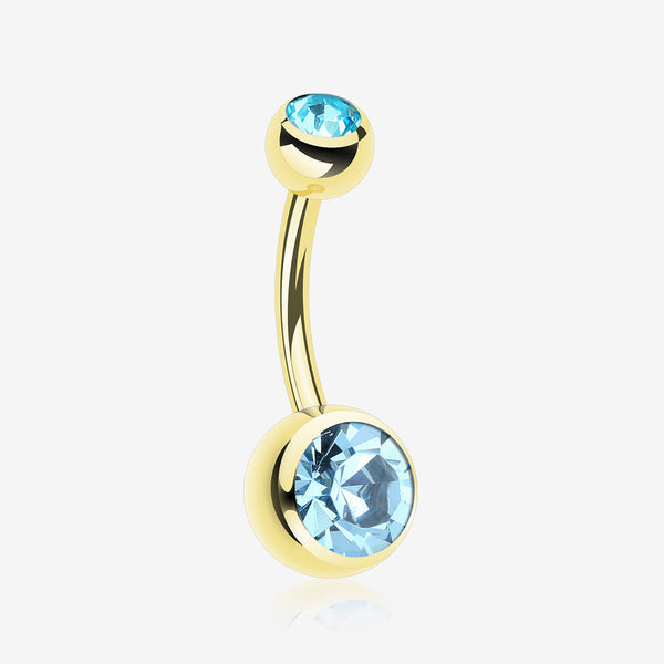 Gold PVD Double Gem Ball Steel Belly Button Ring-Aqua