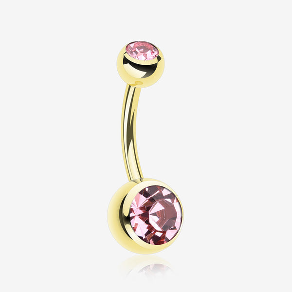 Gold PVD Double Gem Ball Steel Belly Button Ring-Light Pink