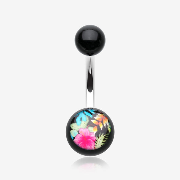 Hawaiian Luau Flower Acrylic Logo Belly Button Ring-Black