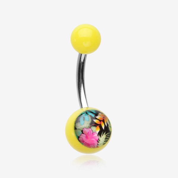 Hawaiian Luau Flower Acrylic Logo Belly Button Ring-Yellow