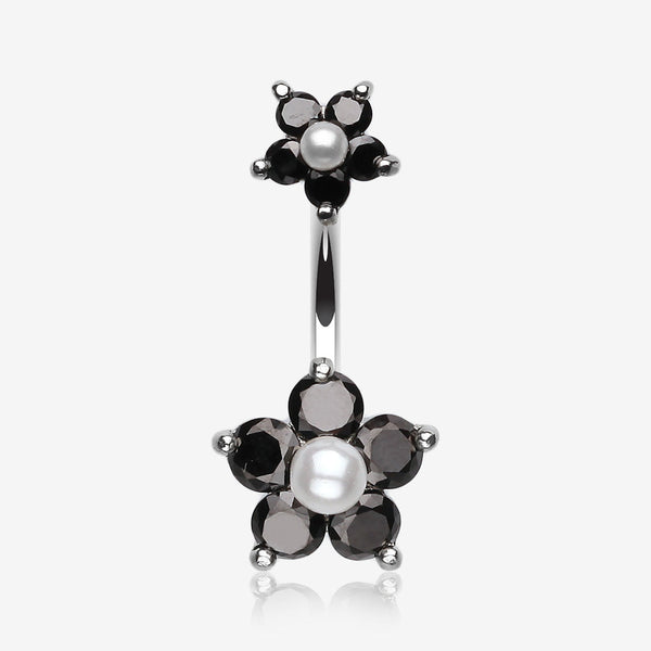 Pearl Bead Flower Sparkle Belly Ring-Black