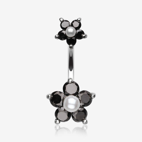 Pearl Bead Flower Sparkle Belly Ring-Black