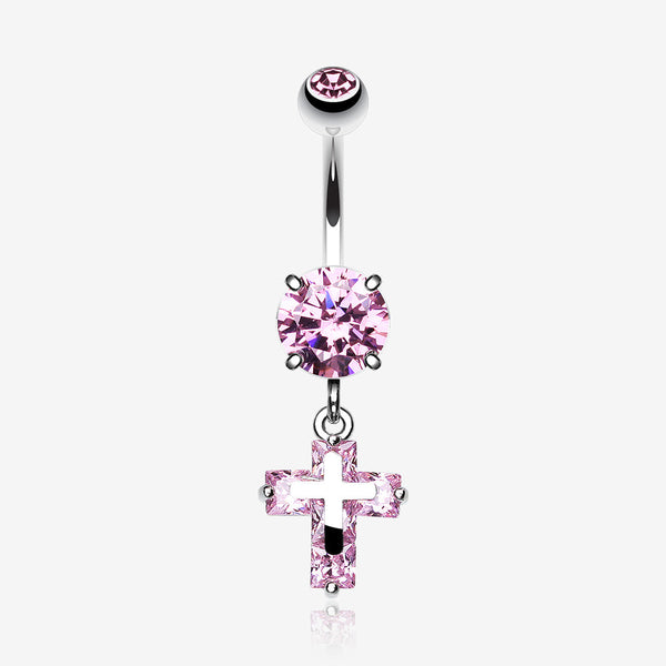 Cross on Cross Sparkle Belly Ring-Pink