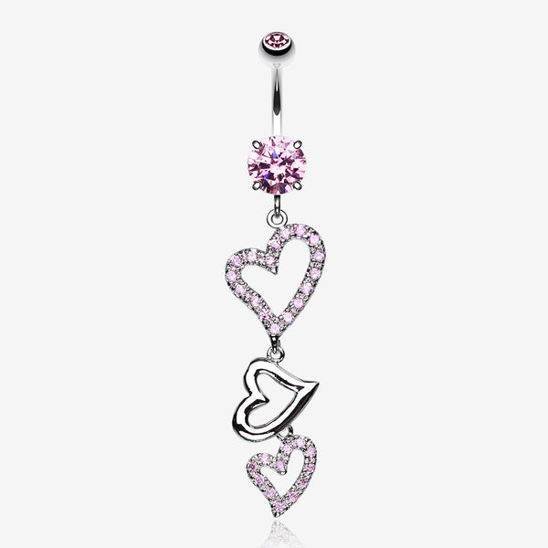 Curved Hearts Sparkle Belly Ring-Pink