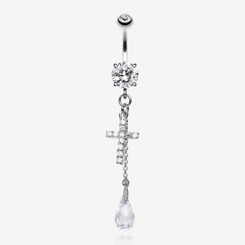 Mini Cross Shimmer Belly Ring-Clear Gem