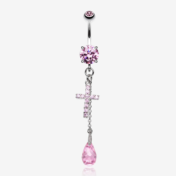 Mini Cross Shimmer Belly Ring-Pink