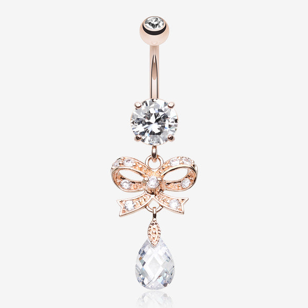 Rose Gold Romantic Bow-Tie Belly Button Ring-Clear Gem