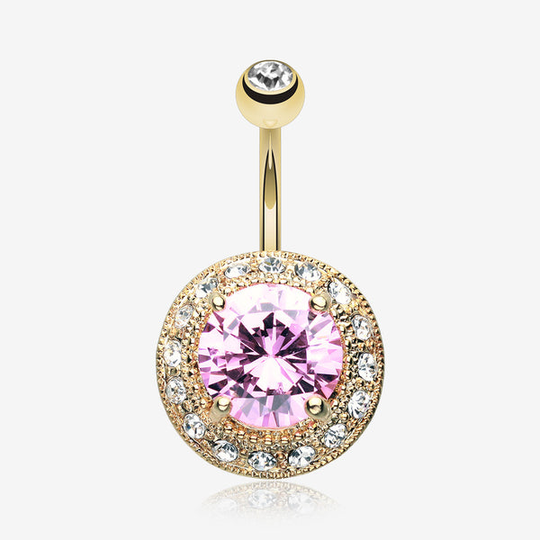 Golden Allure Prong Gem Belly Button Ring-Pink/Clear