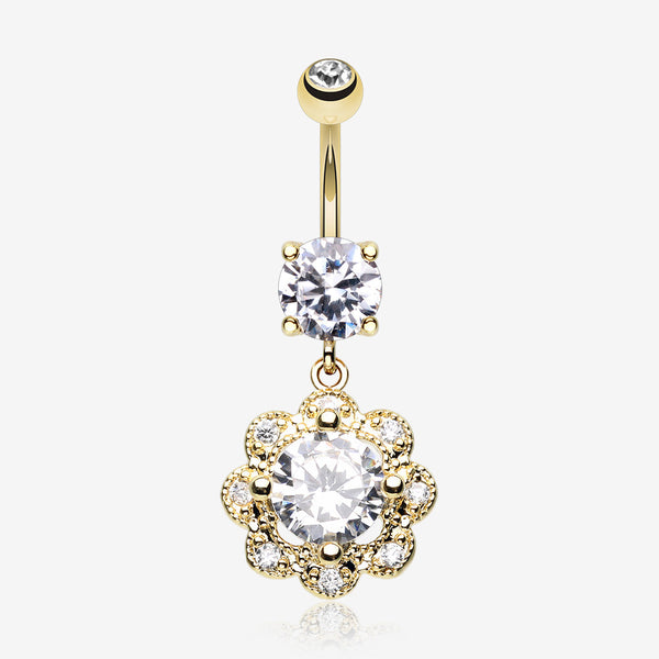 Golden Dazzling Flower Belly Button Ring-Clear Gem