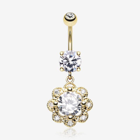 Golden Dazzling Flower Belly Button Ring-Clear Gem