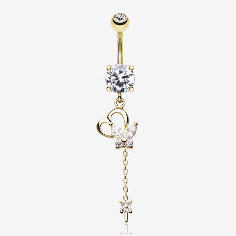 Golden Butterfly Heart Flower Sparkle Belly Button Ring-Clear Gem