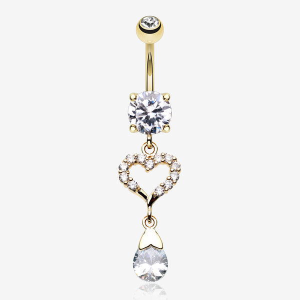 Golden Darling Heart Sparkle Belly Button Ring-Clear Gem