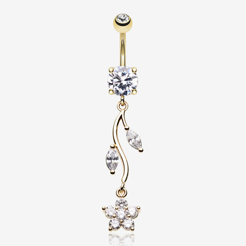 Golden Romantic Flower Belly Button Ring-Clear Gem