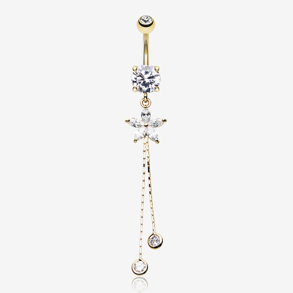 Golden Flower Sparkle Belly Button Ring-Clear Gem